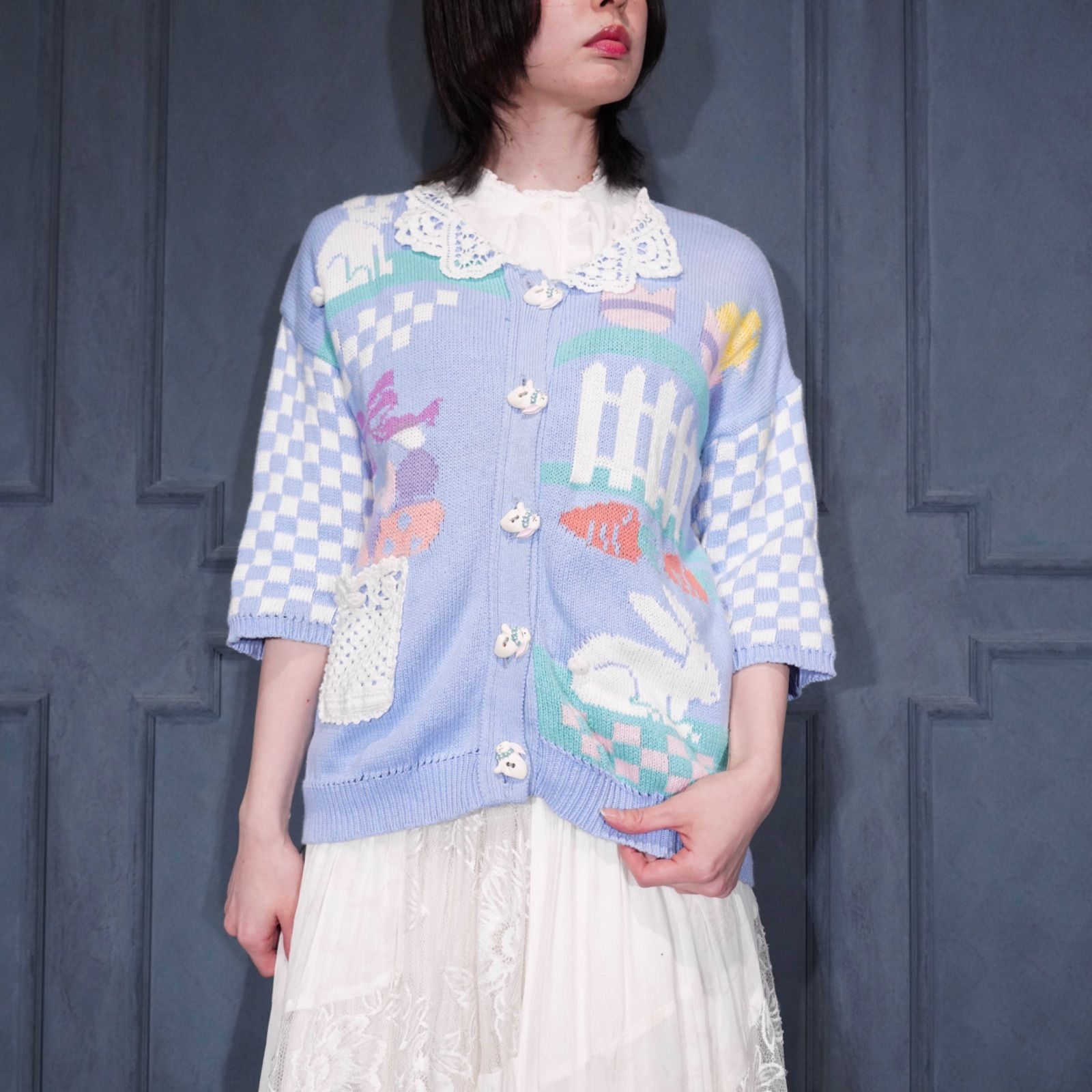 USA VINTAGE Sweater Loft RABBIT BUTTON LACE COLLAR DESIGN HALF SLEEVE COTTON RAMIE KNITアメリカ古着うさぎボタンレース襟デザイン半袖コットンラミーニットカーディガン 12,943円