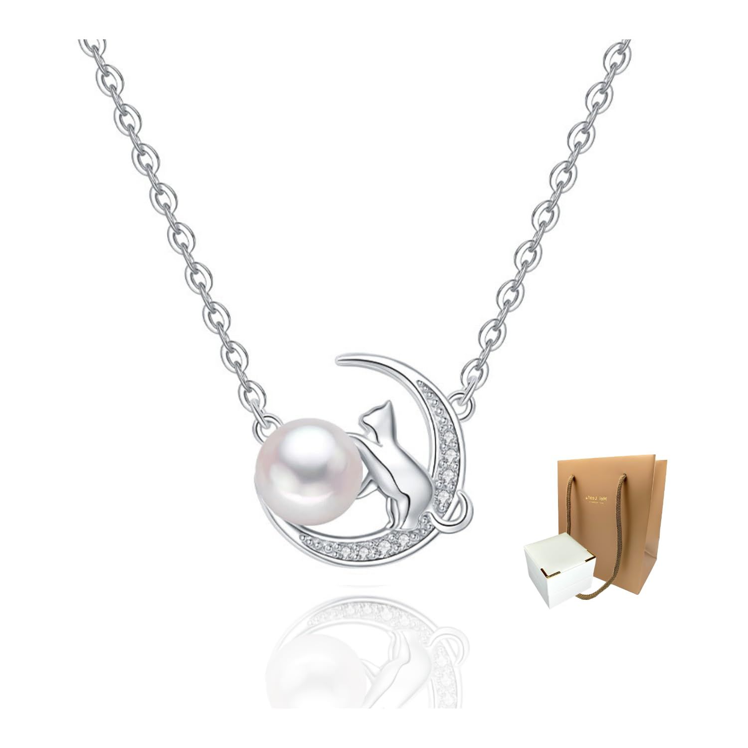 [Cute jewelry　Mei Leaf] 猫 パール 真珠 ネックレス シルバー あずきチェーン アジャスター付き レディース (c' 猫と月 ギフト用) [c' 猫と月 ギフト用]