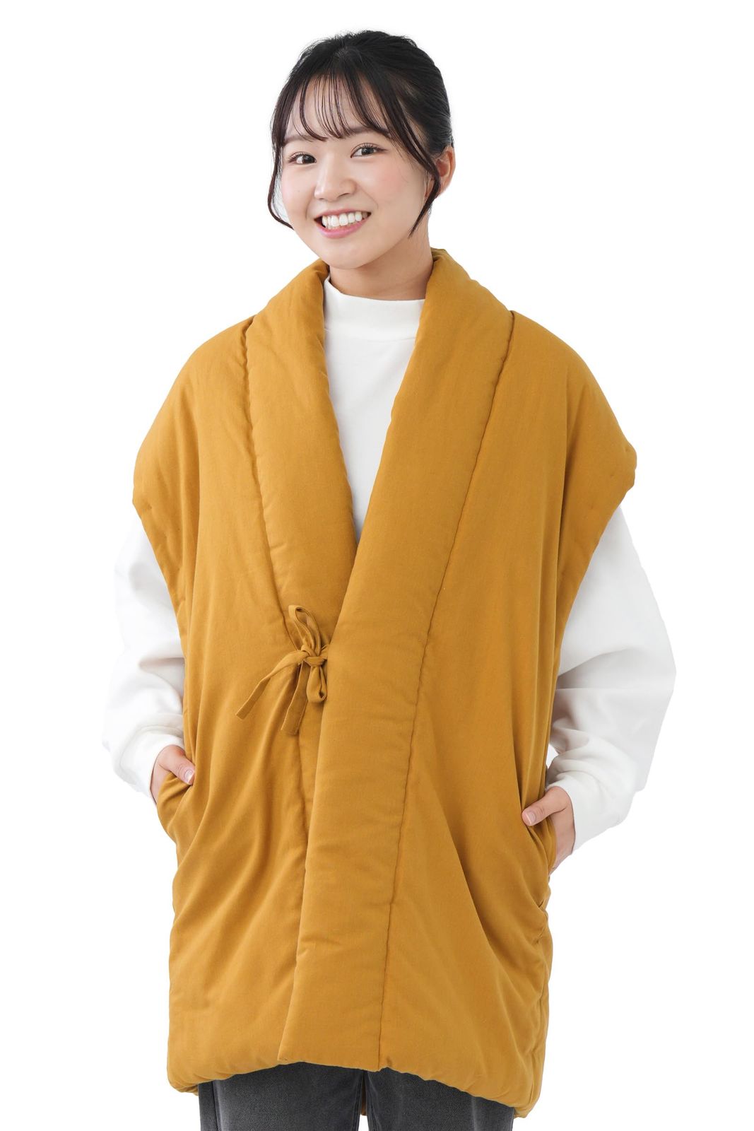 新品 [たゆたふ / TAYU-TAFU] 宮田織物 山並み はんてん ロング ポンチョ 袖なし レディース 久留米織 日本製 冬 防寒着 部屋着 温かい 可愛い おしゃれ 女性 綿入り (鷹取 カラシ)