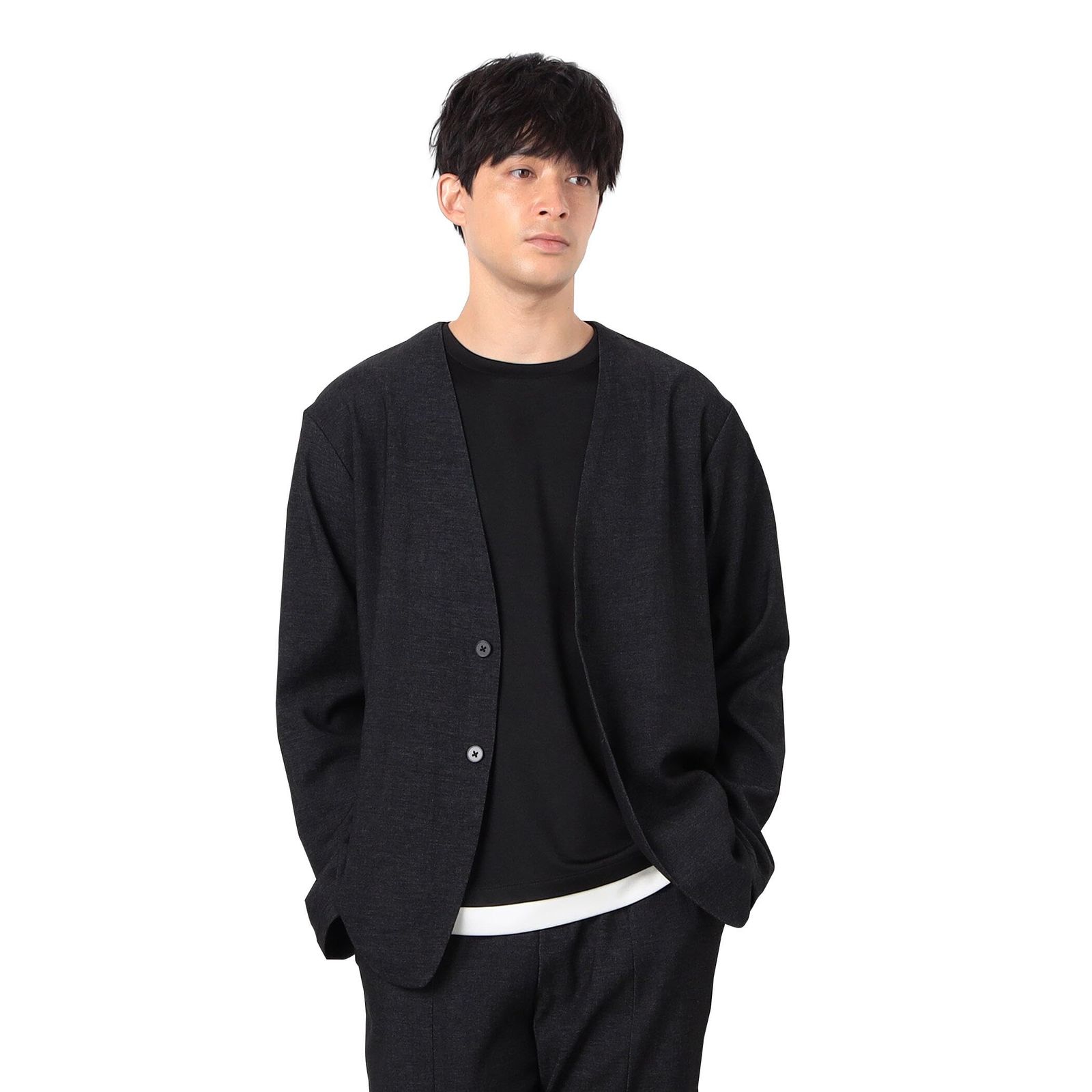 新品 [コムサイズム] セットアップ対応 デニムライクジャージー ノーカラージャケット 47-25JK12-205 ブラック M