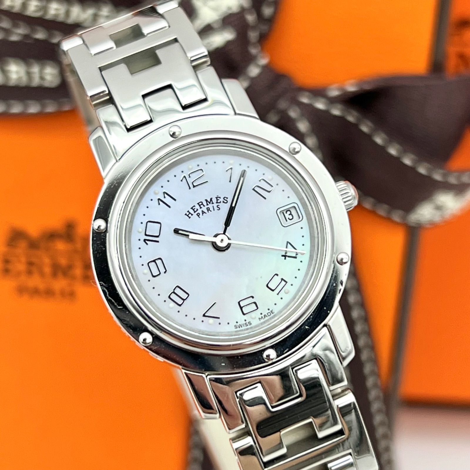 HERMES エルメス クリッパー デイト CL4.210 ピンクシェル マザーオブパール 新品仕上げ済み レディース 腕時計
