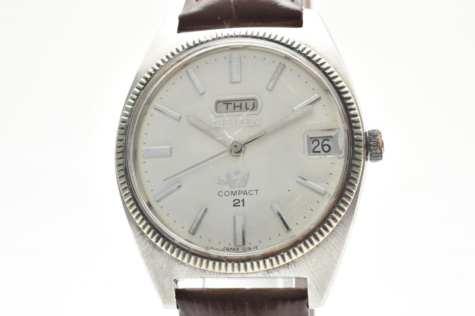 シチズン CITIZEN Compact 21 2806A-TA クオーツ メンズ腕時計 デイデイト シルバー文字盤 レザーベルト