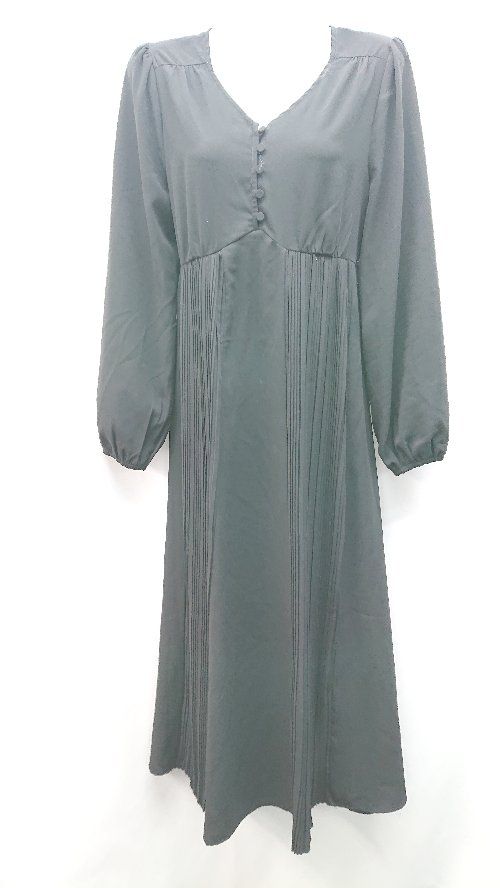 ◇ ROYAL PARTY 無地 サイドプリーツ Vネック 薄手 長袖 ロング ワンピース サイズF ブラック レディース E 【1310130009866】