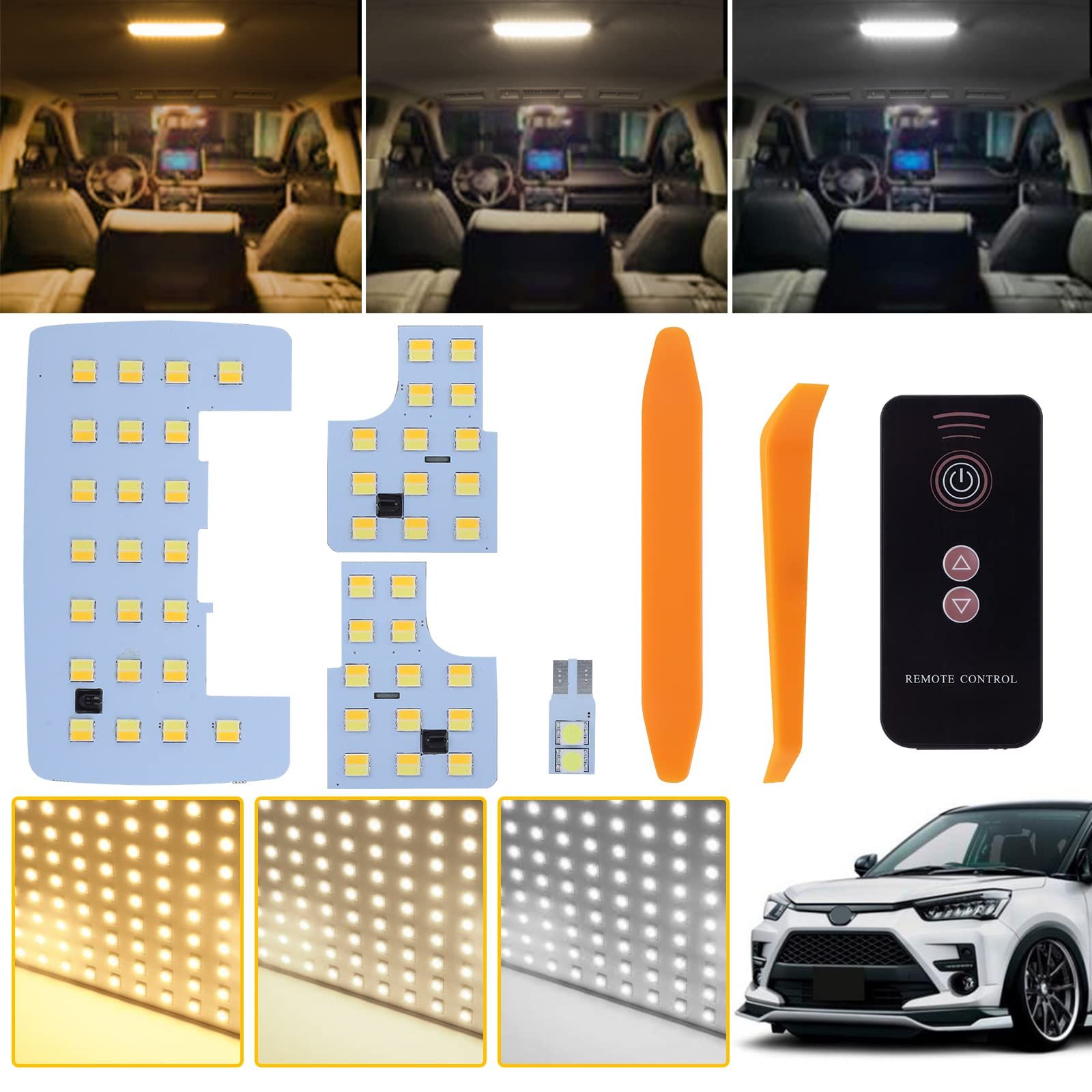 UNNKIBO ライズ/ロッキー LED ルームランプセット 新型 3色30段階調光 リモコン付き車種専用設計 A200A/A210A/ A200S/A210S内装パーツ 電球色・ウオームホワイト・ホワイトLEDバルブ 純正交換 加工不要 4点セット ...