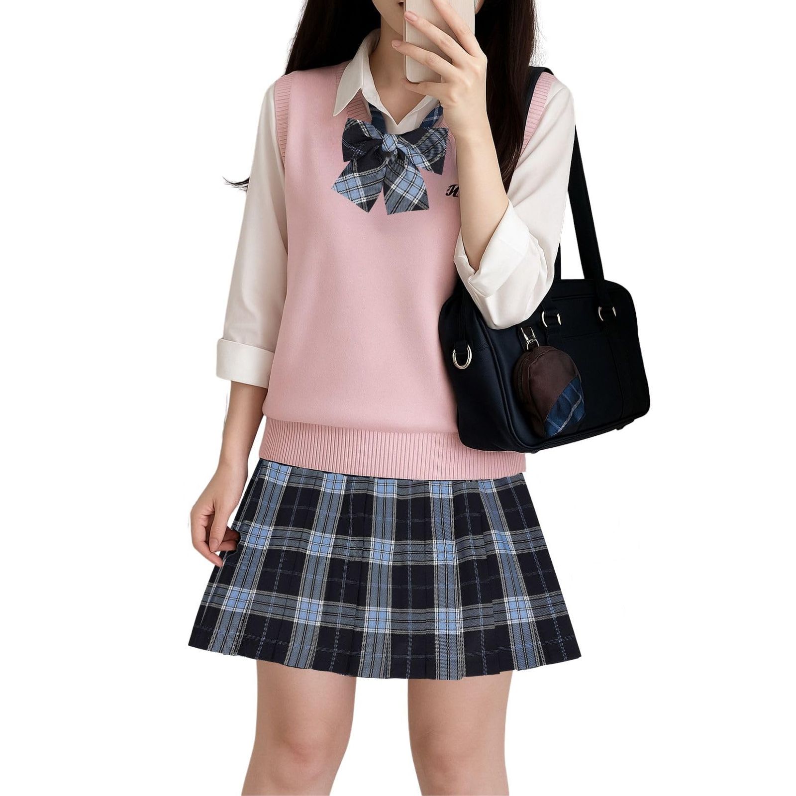 [CosMisty] 制服 女子高生 コスプレ 4点セット ニット チェックスカート 長袖シャツ リボン 洗える かわいい 清楚 JK 学生服 プレッピー 学園祭 文化祭 撮影 ピンク系 (ピンクS) [ピンクS]