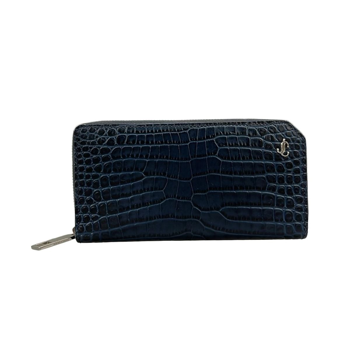 JIMMY CHOO(ジミーチュウ) 長財布美品 - ネイビー 型押し加工/ラウンドファスナー/ホログラムシールあり レザー