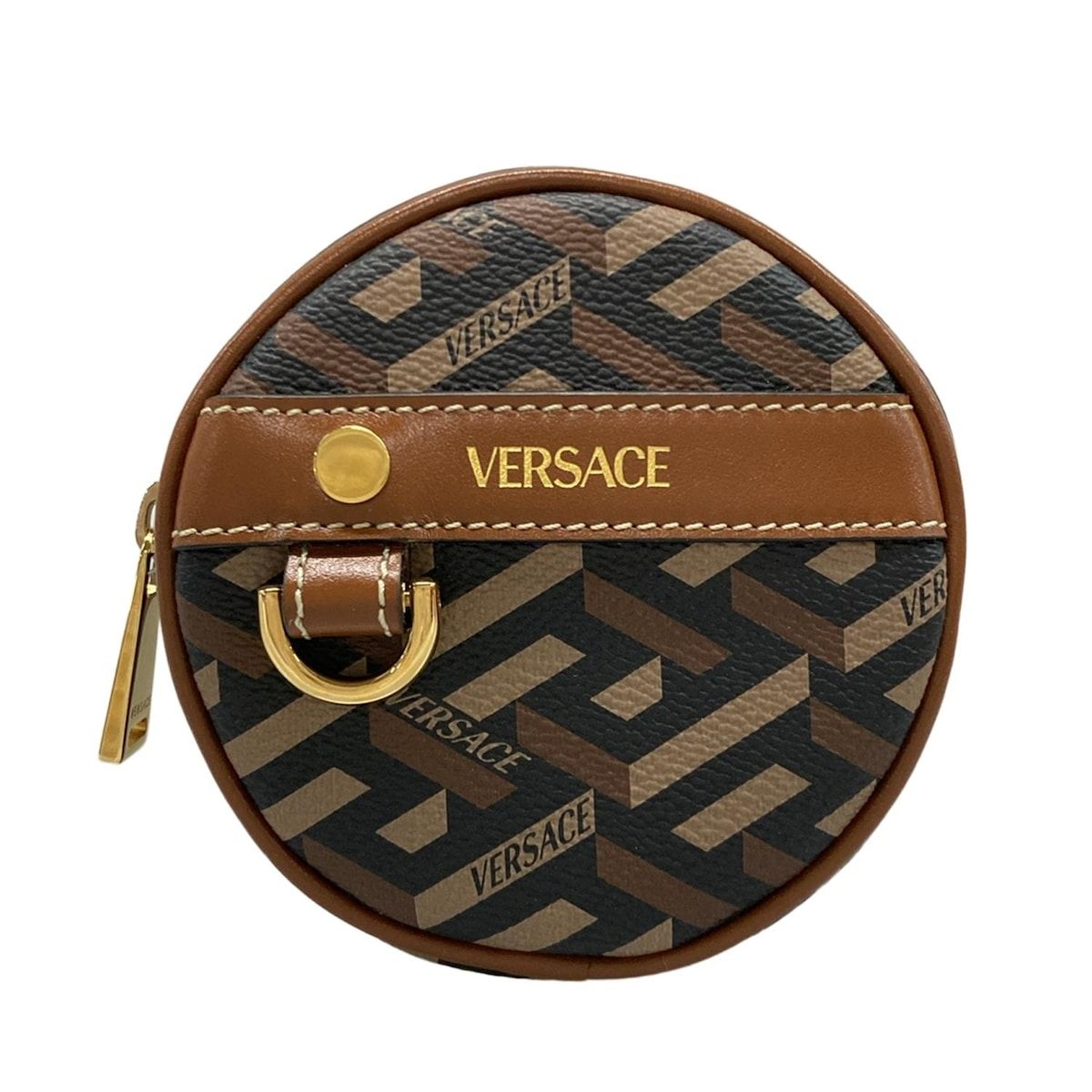 VERSACE(ヴェルサーチ) ポーチ美品 ラ グレカ シグネチャー ラウンド ポーチ 1001876 黒×ダークブラウン×ベージュ レザー