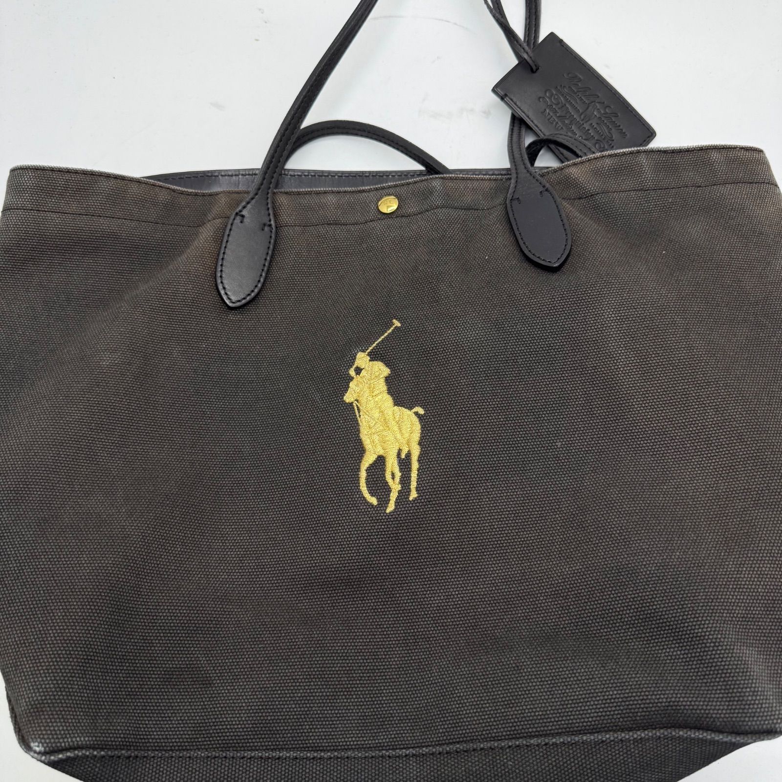 希少 RALPH LAUREN トートバッグ レザー キャンバス ゴールド刺繍 RALPH LAUREN NY canvas × leather tote bag ラルフローレン