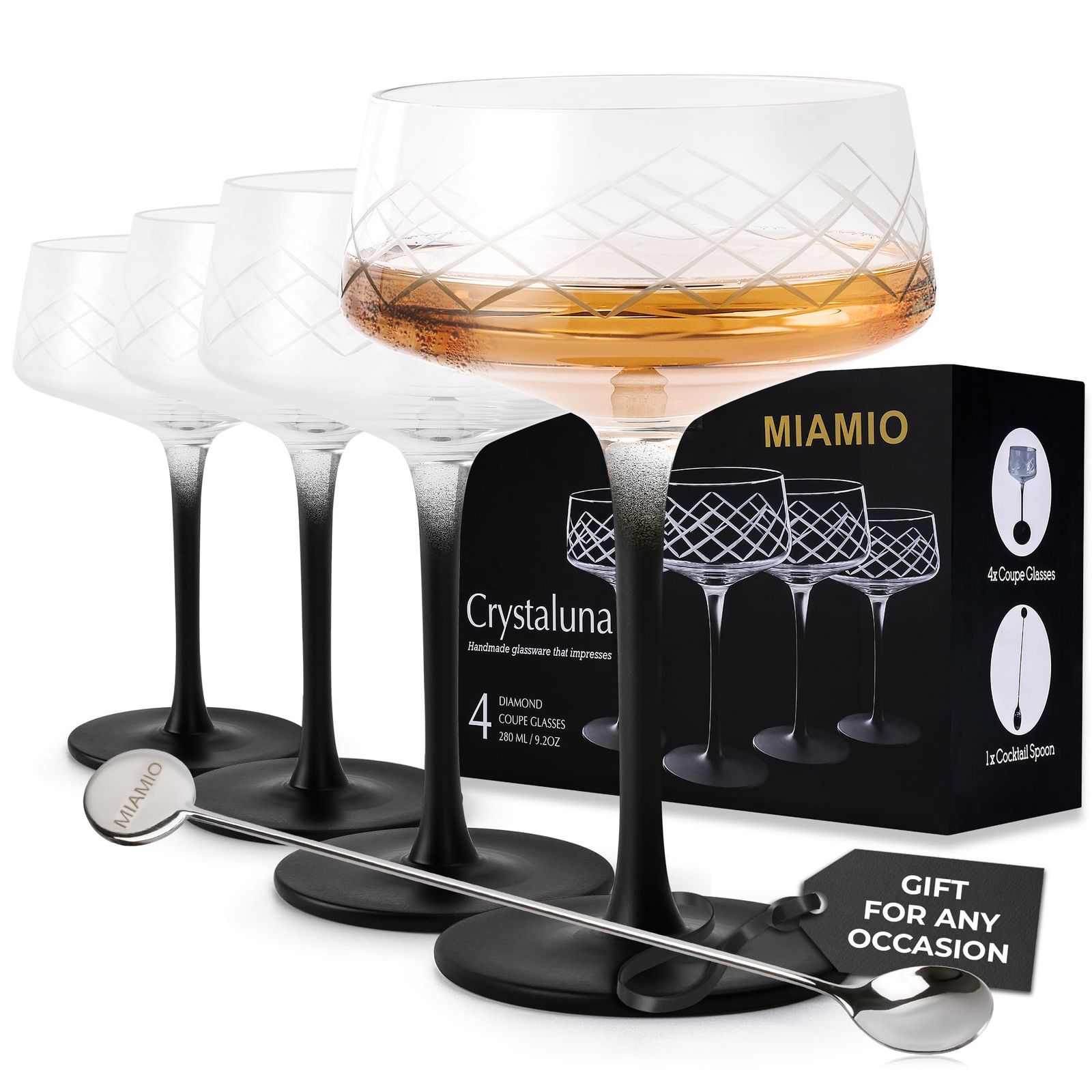新品 MIAMIO ? 280ml クーペグラス4個セット（バースプーン付き）、手吹きクリスタル製カクテルグラス（ブラックステム付き）、ユニークなカクテルグラス、ウォッカマティーニグラス、シャンパンクーペグラス ? Crystaluna コレクション