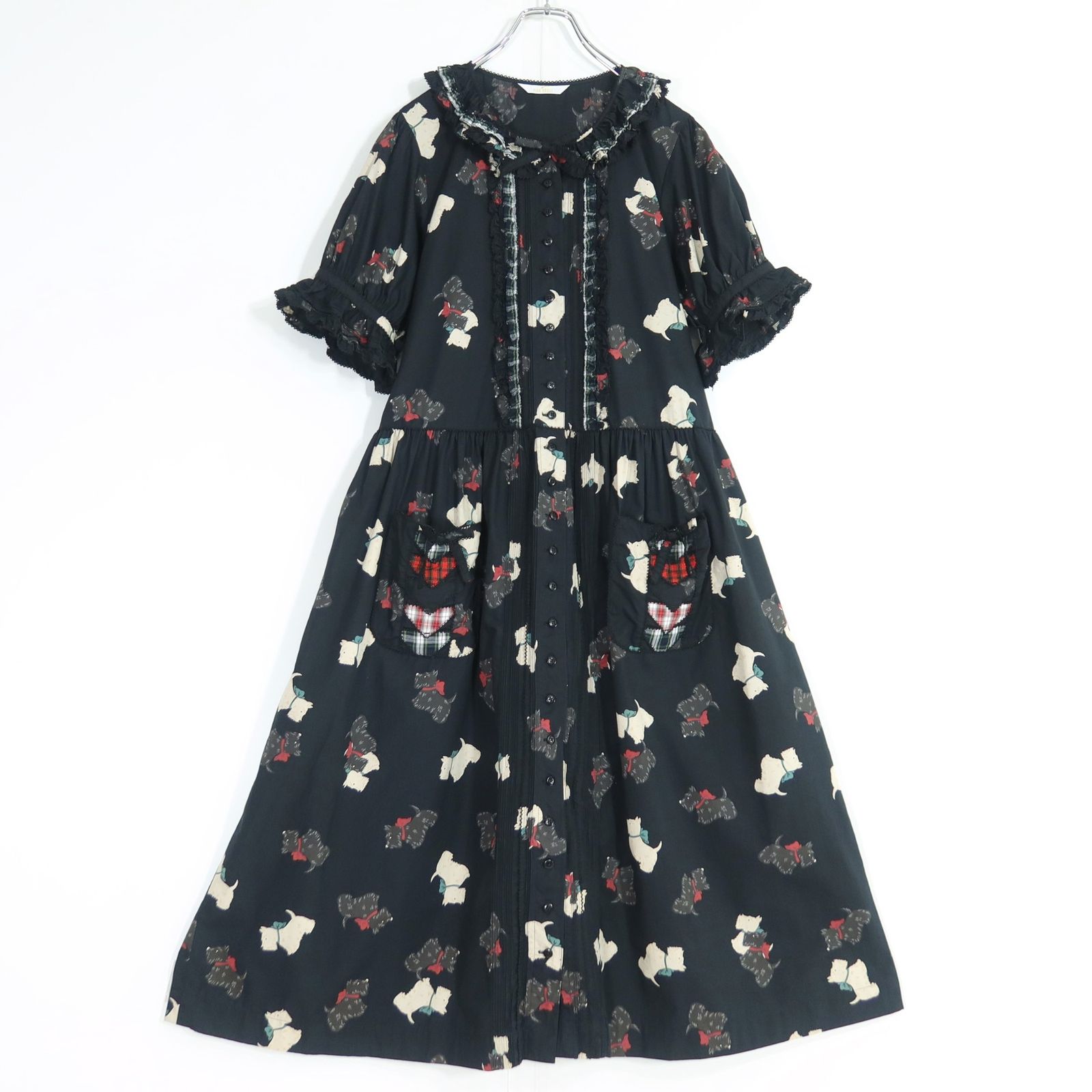 【極美品】ピンクハウス★スコッチテリアpt♪パッチワークワンピース 黒系 前開き チェック柄フリル♪2023年 薄手 z20017