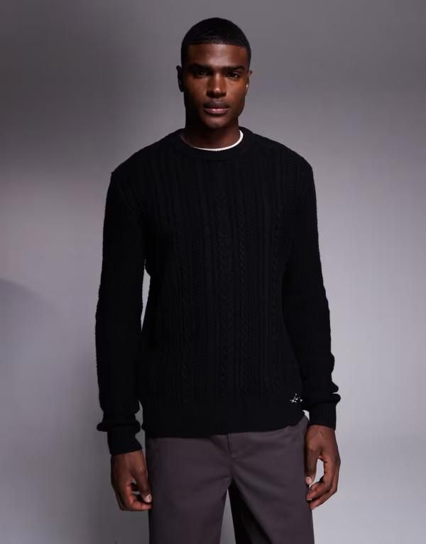 リバーアイランド メンズ アウター ニット・セーター セーター ニット River Island cable knit sweater Black Ecru エクリュ