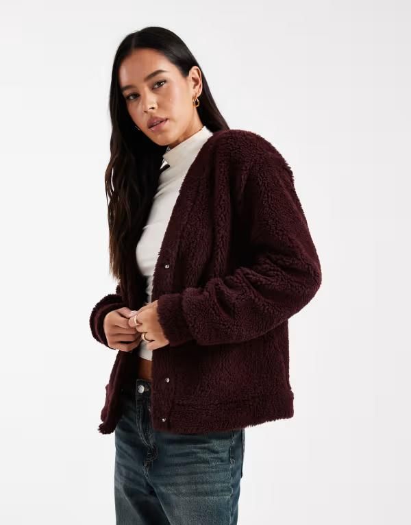 エイソス レディース アウター カーディガン フリース ASOS DESIGN longline teddy fleece oversized cardigan in fig Fig