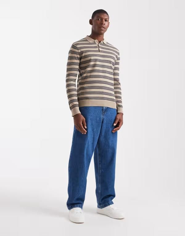 エイソス メンズ トップス ポロシャツ ニット ASOS DESIGN knit long sleeve striped polo shirt in ecru ECRU エクリュ