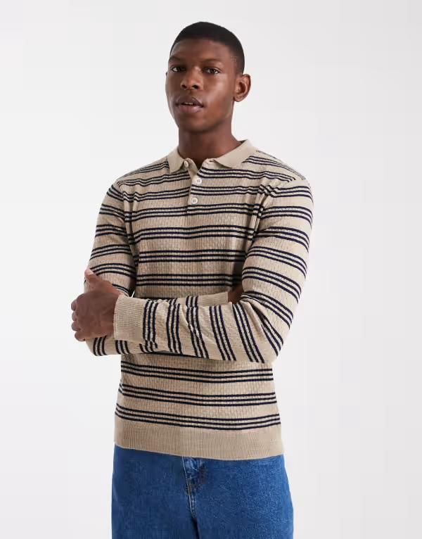 エイソス メンズ トップス ポロシャツ ニット ASOS DESIGN knit long sleeve striped polo shirt in ecru ECRU エクリュ