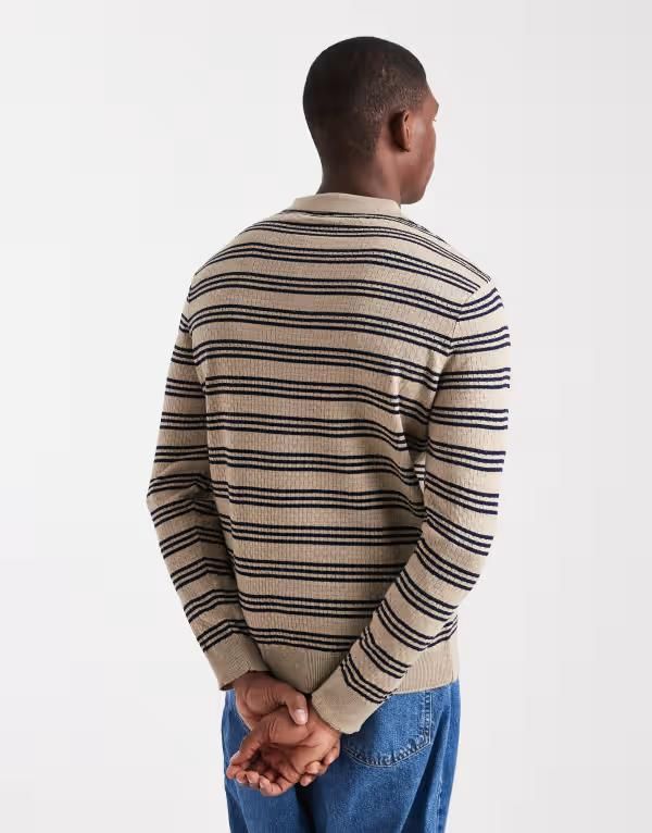 エイソス メンズ トップス ポロシャツ ニット ASOS DESIGN knit long sleeve striped polo shirt in ecru ECRU エクリュ