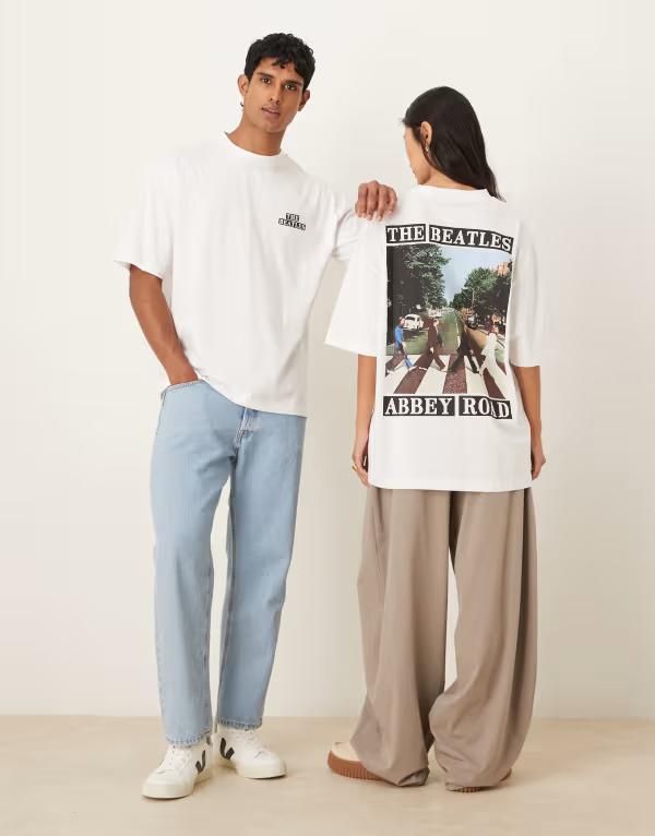 エイソス レディース トップス Tシャツ プリント シャツ ASOS DESIGN Unisex oversized tshirt with The Beatles prints WHITE ホワイト