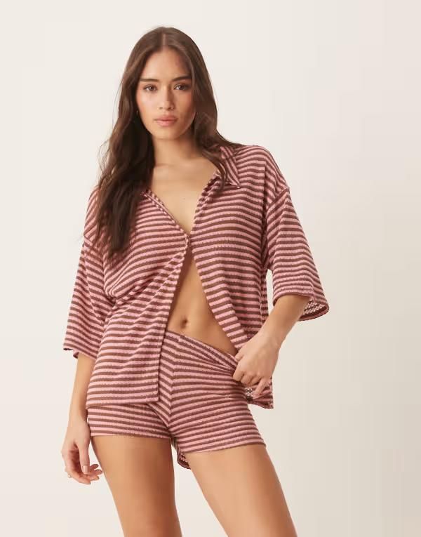 エイソス レディース トップス Tシャツ ニット ASOS DESIGN knit oversized shirt and brown stripes part of a set Multi マルチカラー