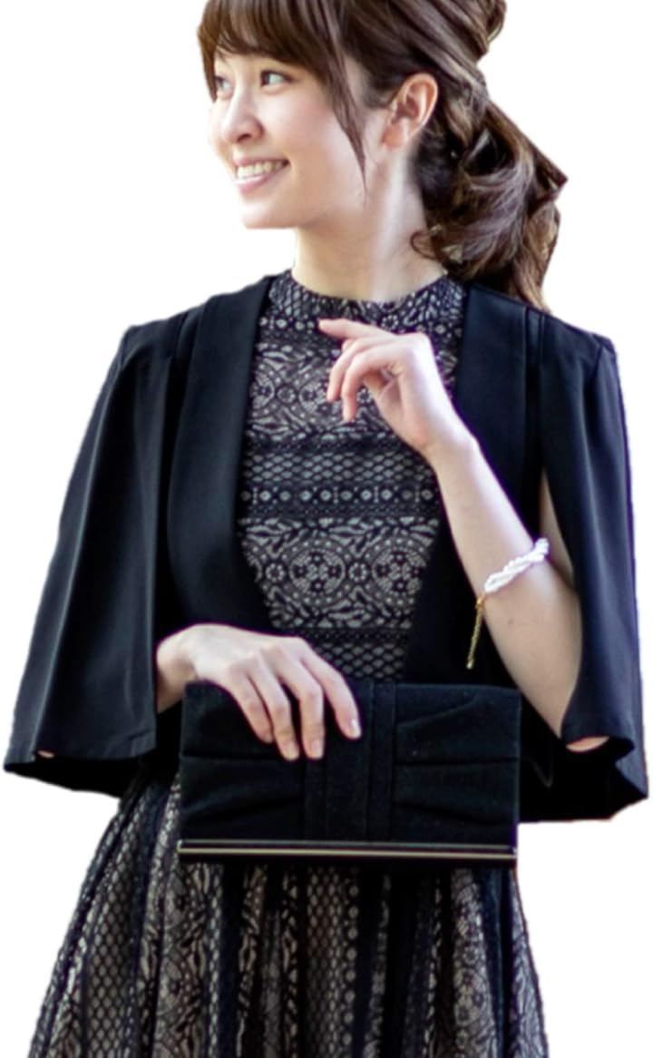 AUNI(アウニイ) 結婚式 ノーカラージャケット レディース パーティー ボレロ マント 袖口 フォーマル ジャレロ カーディガン 羽織り 体型カバー (A ブラック, 4L)