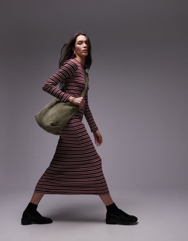 トップショップ レディース トップス ワンピース マキシワンピース マキシ Topshop striped long sleeve maxi dress Burgundy バーガンディ