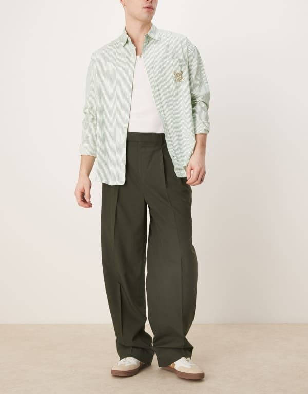 エイソス メンズ ボトムス カジュアルパンツ パンツ ASOS DESIGN smart extreme wide pants with double pleats DARK GREEN グリーン
