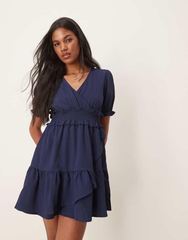 エイソス レディース トップス ワンピース ミニワンピース ミニ ASOS DESIGN puffed sleeve wrap mini dress NAVY ネイビー