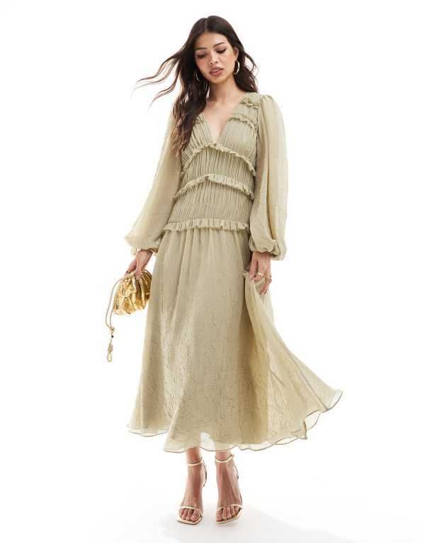 エイソス レディース トップス ワンピース ミディワンピース フリル ミディ ASOS DESIGN plunge neck midi dress with ruffles in olive OLIVE GREEN グリーン