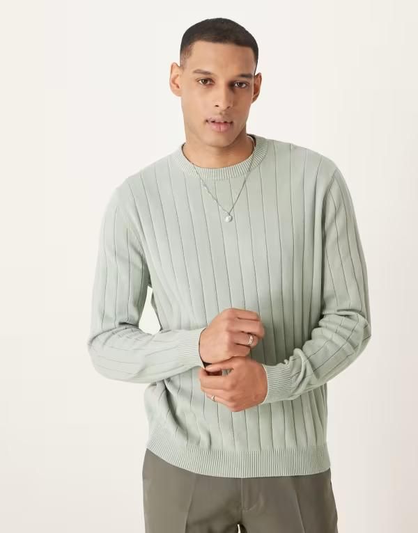 エイソス メンズ アウター ニット・セーター セーター ニット ASOS DESIGN relaxed knit wide rib sweater in light LIGHT GREEN グリーン