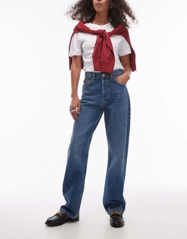 トップショップ レディース ボトムス デニムパンツ Topshop Kort high rise straight jean in mid MID BLUE ブルー