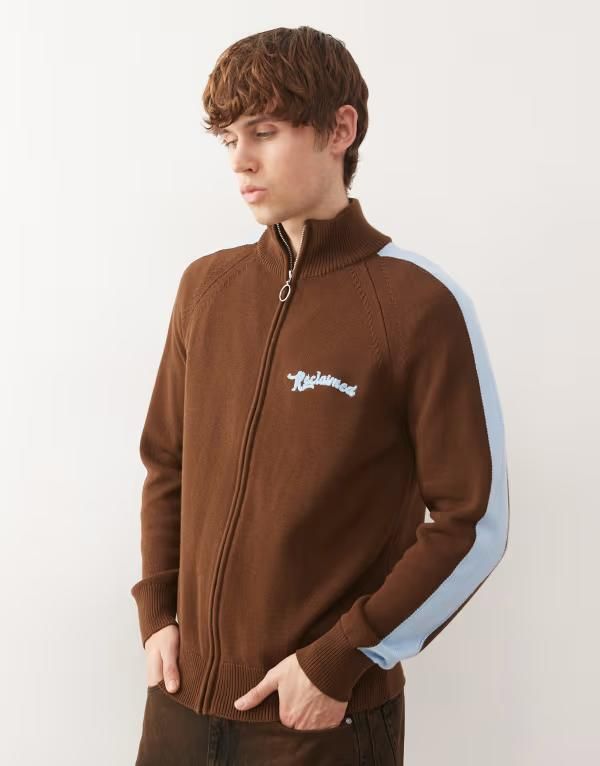 リクレイム ヴィンテージ メンズ アウター ジャケット・ブルゾン コントラスト ニット Reclaimed Vintage knit zip up track jacket with contrast blue stripes Brown ブラウン 16,186円