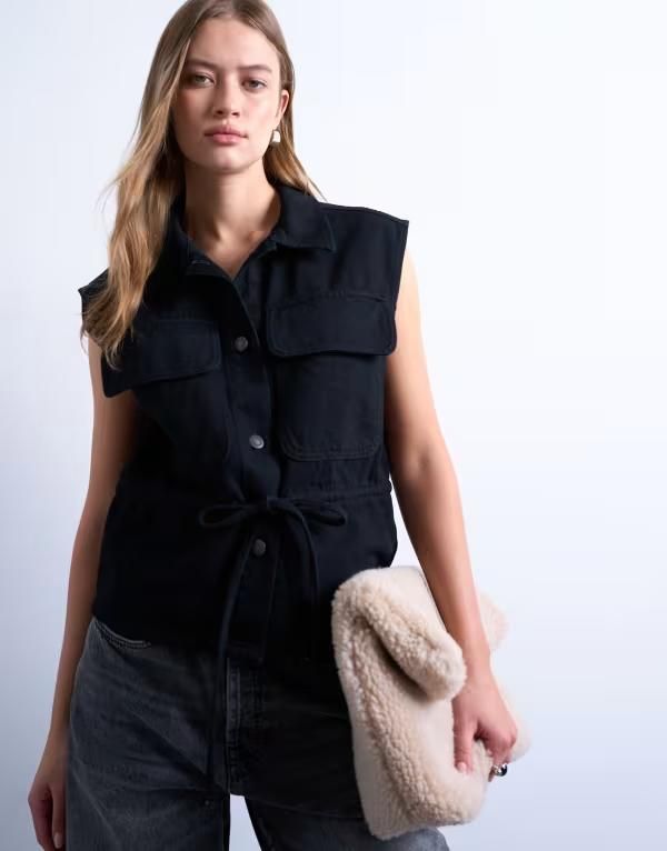 トップショップ レディース トップス ベスト ノースリーブ デニム Topshop denim cargo sleeveless top Black ブラック