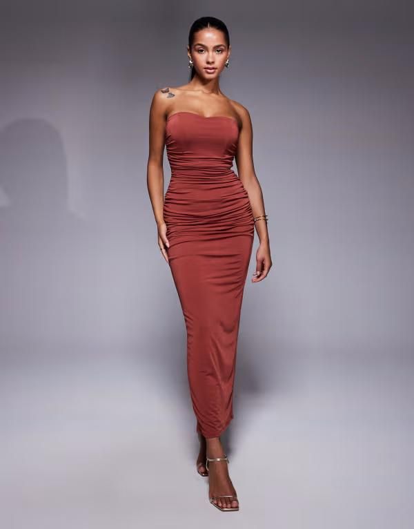 ティエフエヌシー レディース トップス ワンピース ギャザー ミディ TFNC bandeau ruched midi dress in deep rust Deep Rust ラスト