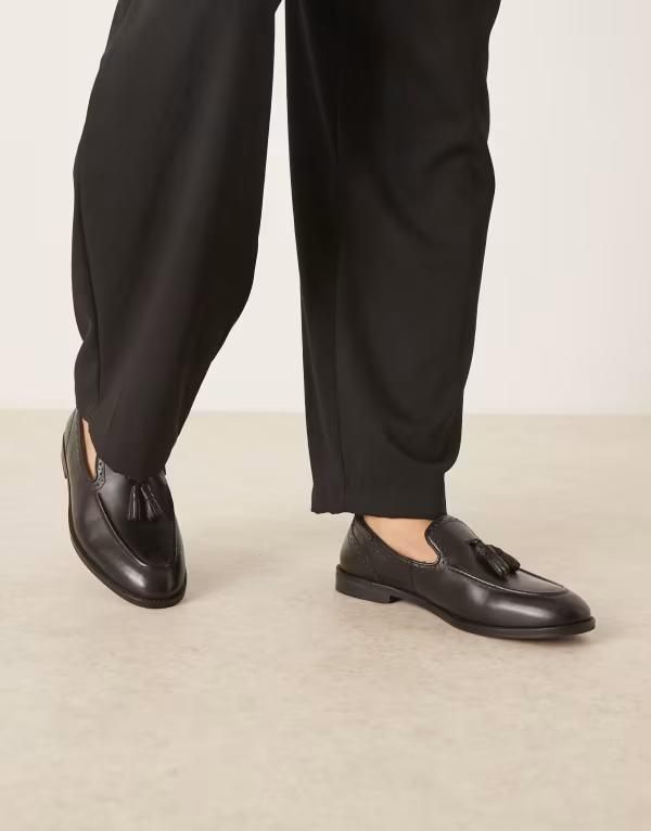 エイソス メンズ シューズ スリッポン・ローファー レザー ASOS DESIGN loafers leather with tassel Black ブラック