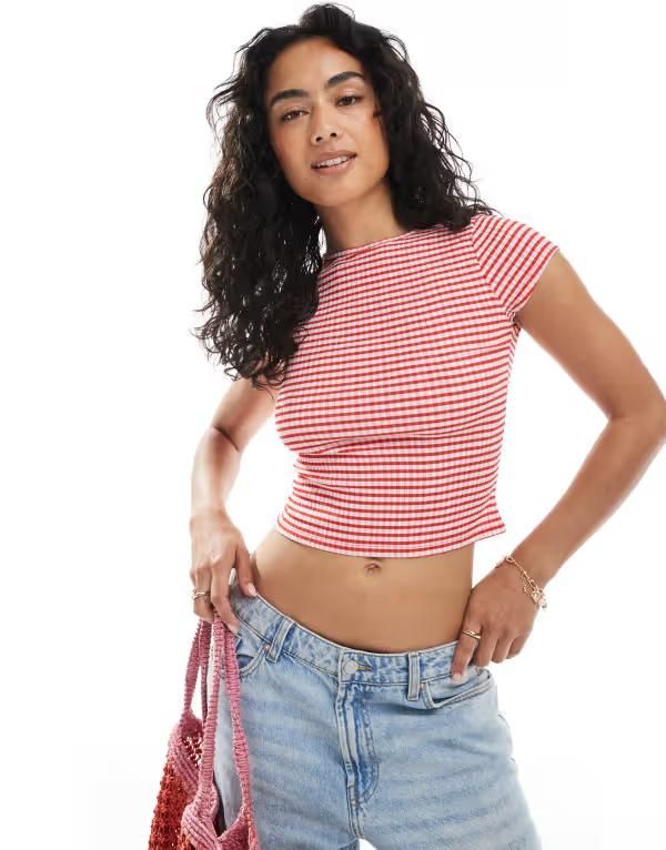 ミスセルフフリッジ レディース トップス Tシャツ ギンガムチェック ギンガム Misselfridge tie back gingham baby tee Red レッド