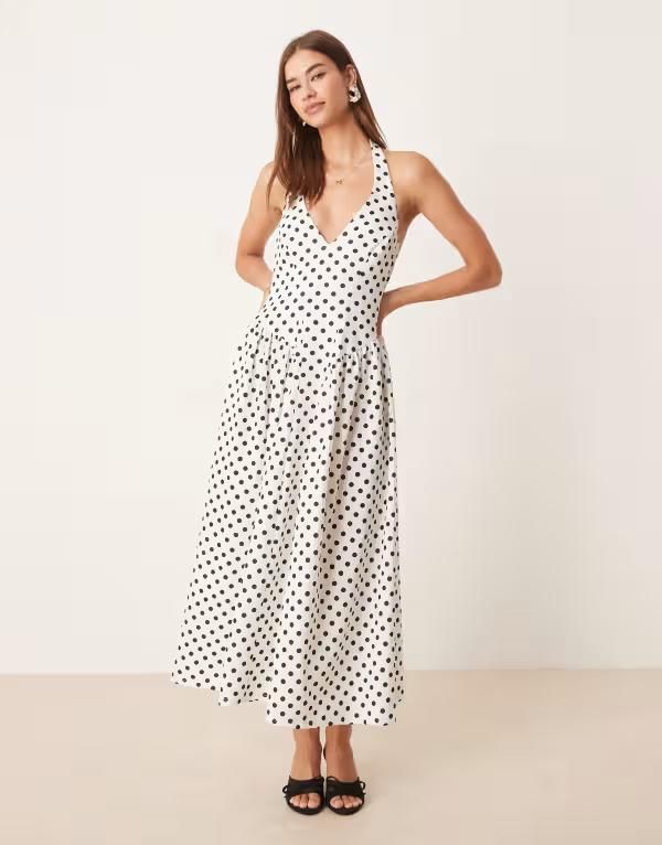 エイソス レディース トップス ワンピース ミディワンピース ドット ミディ ホルター ASOS DESIGN halter neck corset detail midi dress with godets in polka dots Spot