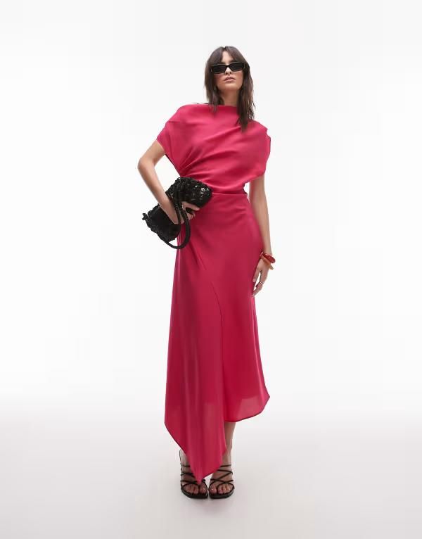 マンゴ レディース トップス ワンピース Mango off the shoulder asymetric rushed bodice dress in raspbery RED レッド