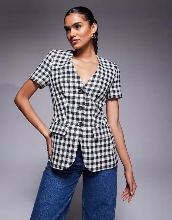 リバーアイランド レディース アウター ジャケット・ブルゾン ギンガムチェック ギンガム ジャケット River Island gingham short sleeved jacket Black ブラック