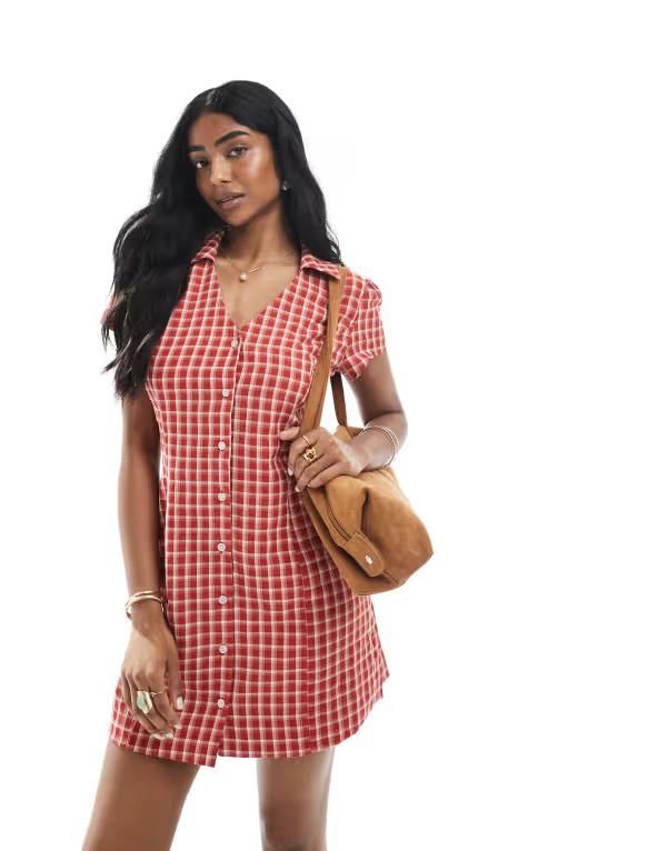 デイジーストリート レディース トップス ワンピース ミニ Daisy Street collar detail mini tea dress in textured red plaid RED レッド