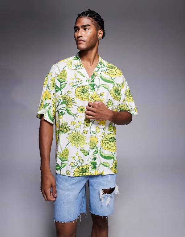 アダプト メンズ トップス シャツ プリント ADPT oversized flower print shirt in cream Ecru Yellow エクリュ