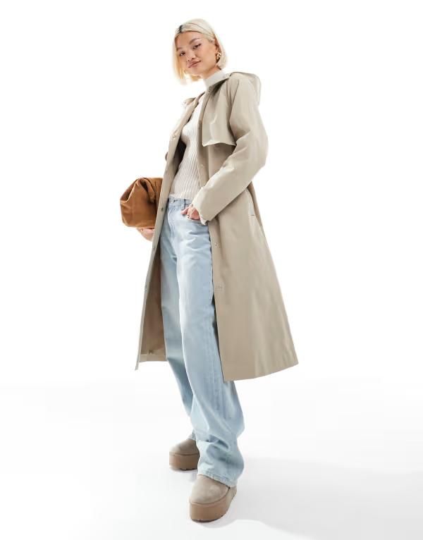 スリードベア レディース アウター コート ミディ Threadbare midi trench coat with belt in stone STONE ストーン