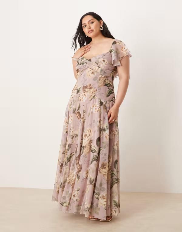 エイソス レディース トップス ワンピース ミディワンピース フラワー柄 プリント ミディ スカート フラワー ASOS Curve ASOS DESIGN Curve dropped waist full skirt midi dress in lilac