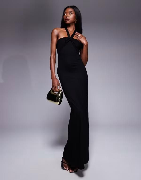 エイソス レディース トップス ワンピース マキシワンピース マキシ ホルター ASOS DESIGN twisted halter softline maxi dress Black ブラック