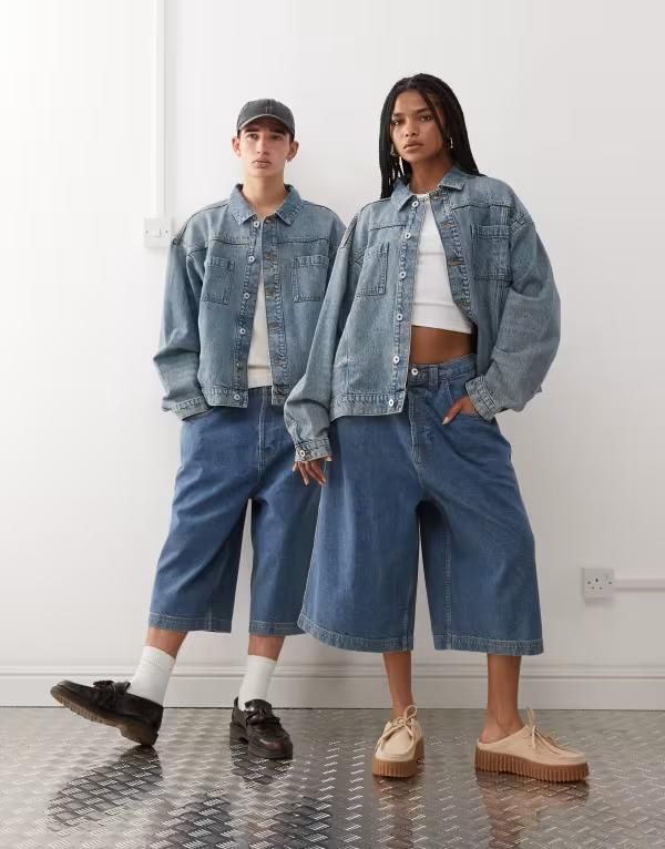 コルージョン レディース アウター コート デニム ジャケット COLLUSION Unisex denim trucker jacket in stonewash Stonewash デニム