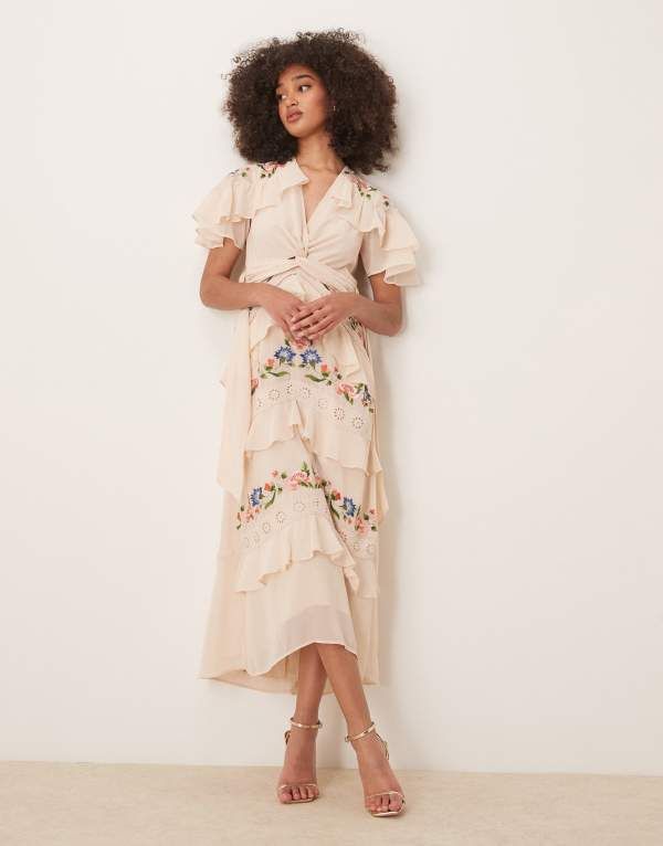 ホープ＆アイビー レディース トップス ワンピース Vネック ティアード ミディワンピース ミディ スカート 刺繍 Hope Ivy embroidered vneck tiered skirt midi dress in cream Cream クリーム