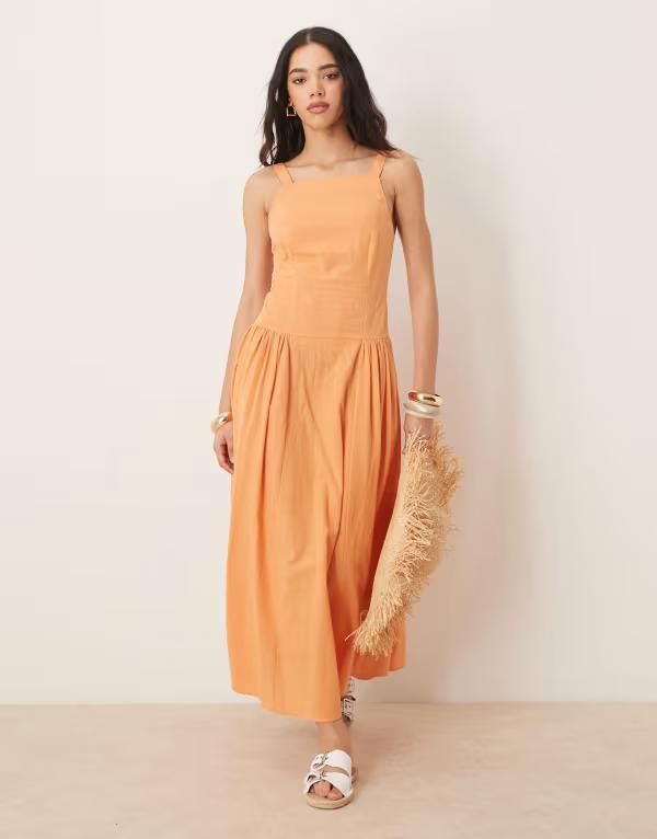 エイソス レディース トップス ワンピース ミディワンピース ミディ ASOS DESIGN square neck dropped waist midi dress in papaya Papaya