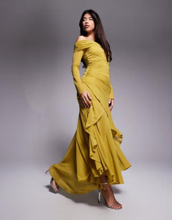エイソス レディース トップス ワンピース フリル裾 シフォン マキシワンピース フリル マキシ ASOS DESIGN stretch chiffon long sleeve bardot maxi dress with ruffle hem in oliv