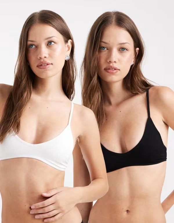 コットンオン レディース アンダーウェア ブラジャー Cotton seamless rib padded triangle bralette 2 pack Black white ホワイト