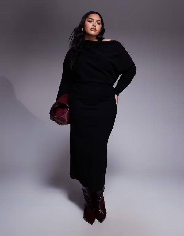 エイソス レディース トップス ワンピース ミディ ASOS Curve ASOS DESIGN Curve supersoft long sleeve fallen shoulder midi Black ブラック