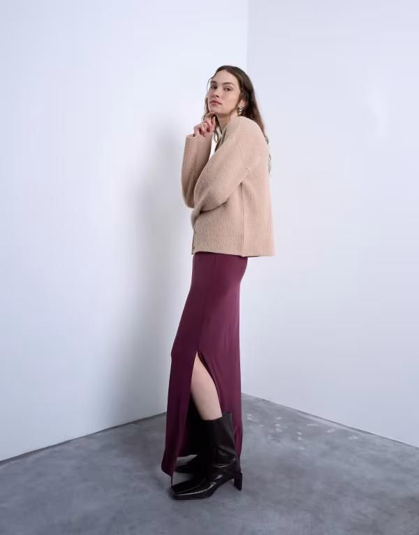 トップショップ レディース ボトムス スカート ギャザー マキシ Topshop cupro ruched maxi skirt with hitch side detail Burgundy バーガンディ