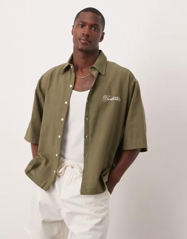 エイソス メンズ トップス シャツ リネン ASOS DESIGN oversized short sleeved shirt with chest embroidery detail linen look GREEN グリーン