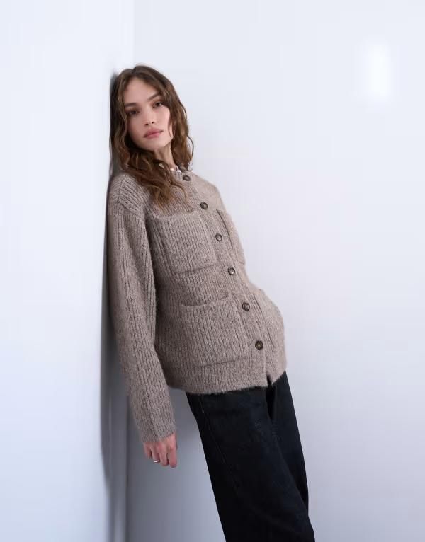 トップショップ レディース アウター ニット・セーター ニット ジャケット Topshop knit double pocket jacket in oat Oat